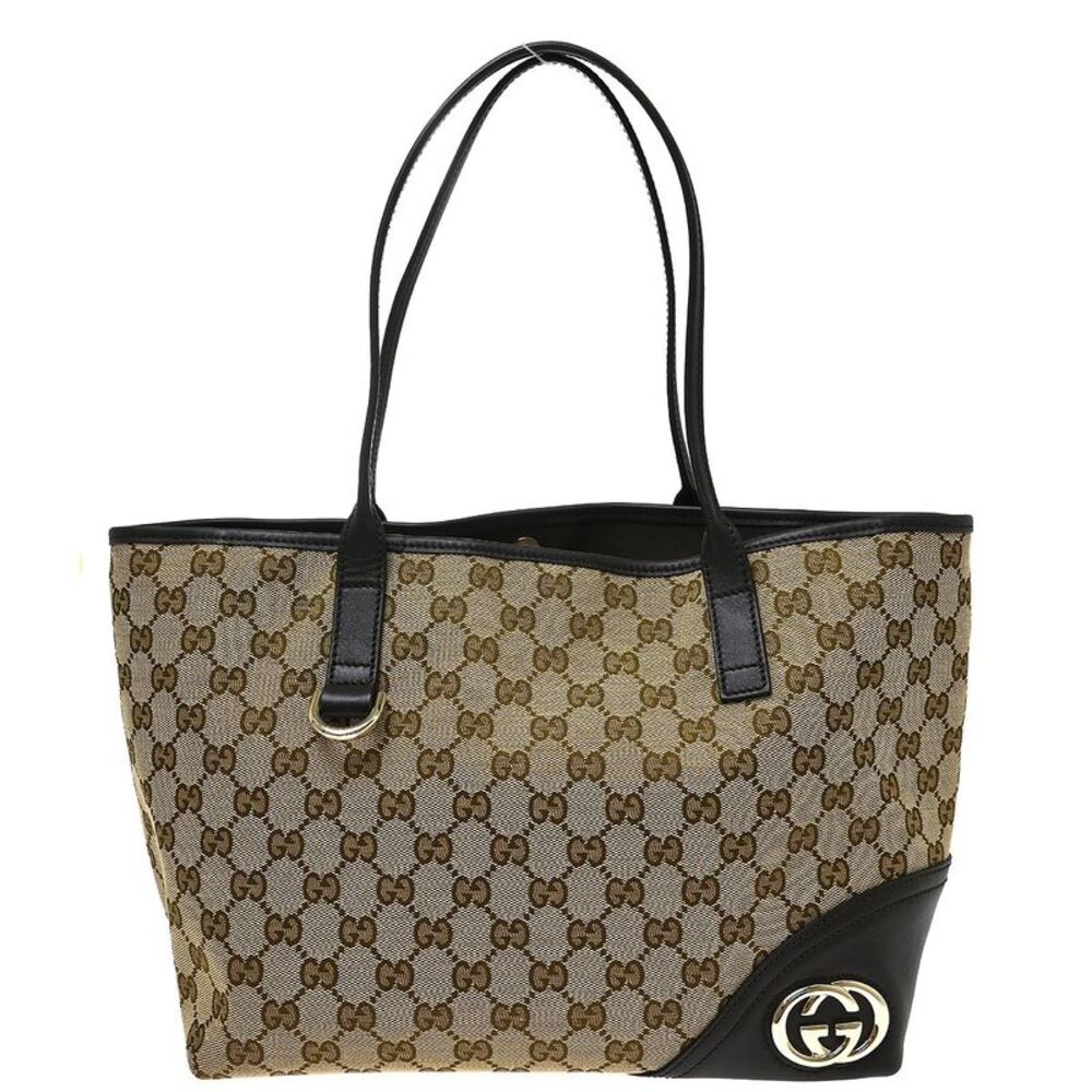 Gucci New Britt Tote Gg Canvas And Leather Beige Canvas Tote Bag Bag